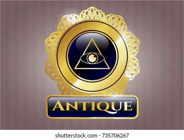  Gold emblem or badge with illuminati pyramid icon and Antique text inside