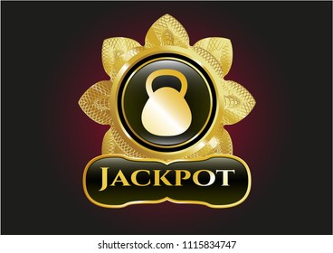  Gold emblem or badge with kettlebell icon and Jackpot text inside