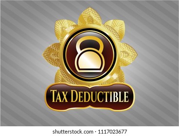  Gold emblem or badge with kettlebell icon and Tax Deductible text inside