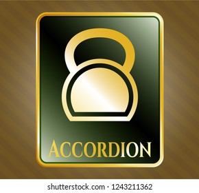  Gold emblem or badge with kettlebell icon and Accordion text inside