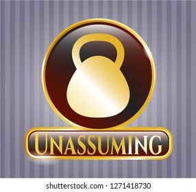  Gold emblem or badge with kettlebell icon and Unassuming text inside