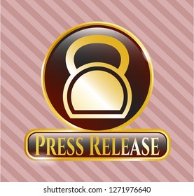  Gold emblem or badge with kettlebell icon and Press Release text inside