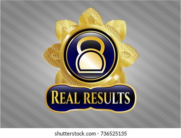  Gold emblem or badge with kettlebell icon and Real results text inside