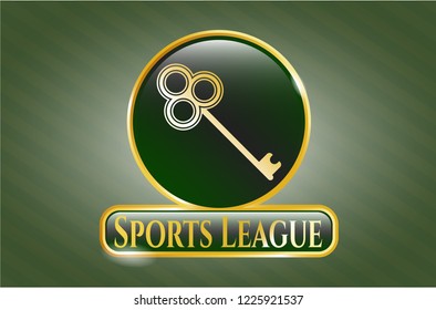 Gold emblem or badge with key icon and Sports League text inside