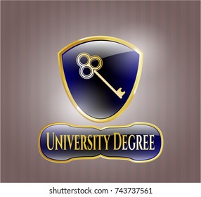  Gold emblem or badge with key icon and University Degree text inside
