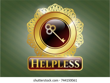  Gold emblem or badge with key icon and Helpless text inside