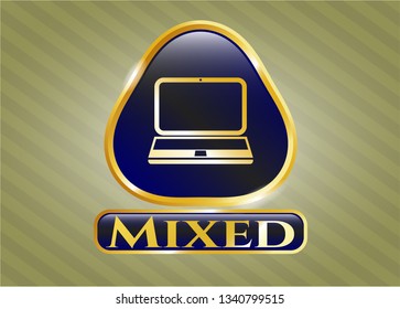  Gold emblem or badge with laptop icon and Mixed text inside