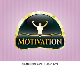                                Gold emblem or badge with lat pull down, exercise icon and Motivation text inside                                           