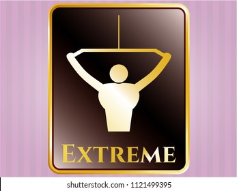  Gold emblem or badge with lat pull down, exercise icon and Extreme text inside