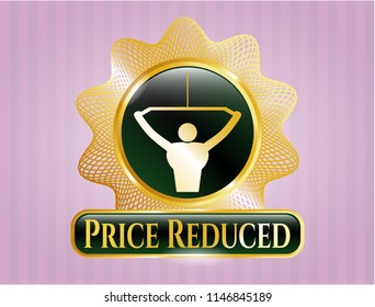  Gold emblem or badge with lat pull down, exercise icon and Price Reduced text inside