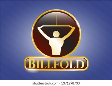  Gold emblem or badge with lat pull down, exercise icon and Billfold text inside