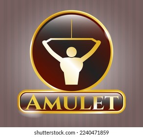 Gold emblem or badge with lat pull down, exercise icon and Amulet text inside