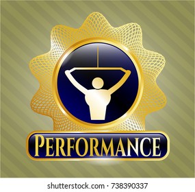  Gold emblem or badge with lat pull down, exercise icon and Performance text inside