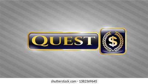  Gold emblem or badge with laurel wreath with money symbol inside icon and Quest text inside