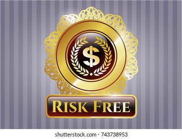  Gold emblem or badge with laurel wreath with money symbol inside icon and Risk Free text inside