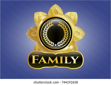  Gold emblem or badge with laurel wreath icon and Family text inside