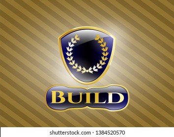  Gold emblem or badge with leaf crown icon and Build text inside