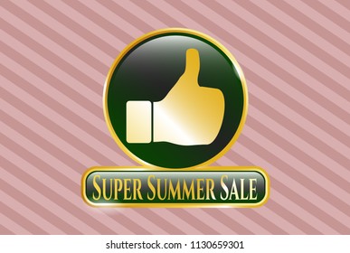  Gold emblem or badge with like icon and Super Summer Sale text inside