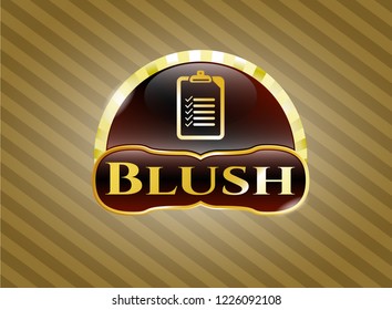  Gold emblem or badge with list icon and Blush text inside