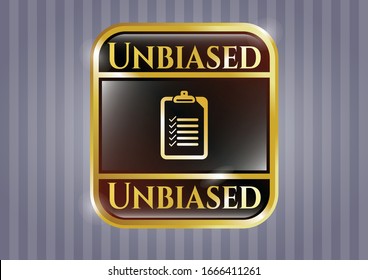  Gold emblem or badge with list icon and Unbiased text inside