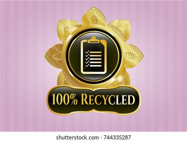  Gold emblem or badge with list icon and 100% Recycled text inside