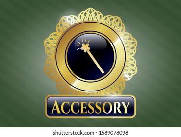  Gold emblem or badge with magic stick icon and Accessory text inside