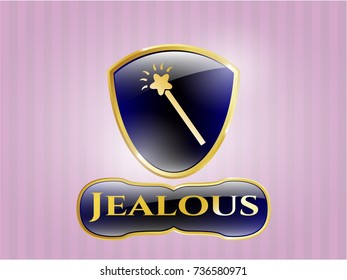  Gold emblem or badge with magic stick icon and Jealous text inside