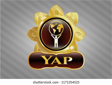  Gold emblem or badge with man lifting world icon and Yap text inside