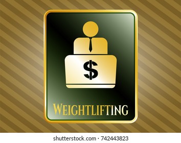  Gold emblem or badge with man working on computer icon and Weightlifting text inside