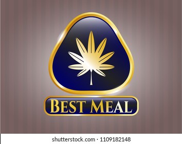   Gold emblem or badge with marijuana leaf, weed icon and Best Meal text inside