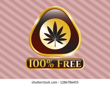  Gold emblem or badge with marijuana leaf icon and 100% Free text inside