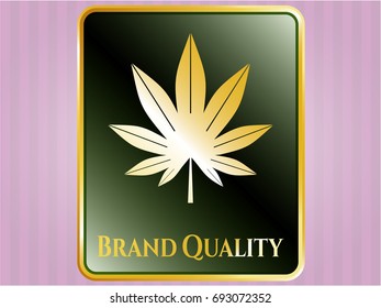  Gold emblem or badge with Marijuana leaf (weed) icon and Brand Quality text inside