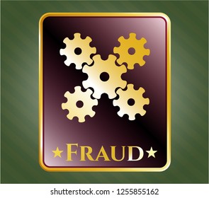  Gold emblem or badge with mechanism icon and Fraud text inside