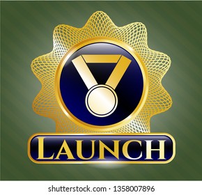  Gold emblem or badge with medal icon and Launch text inside