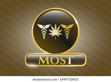  Gold emblem or badge with medicinal weed icon and Most text inside