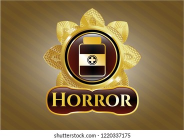  Gold emblem or badge with medicine bottle icon and Horror text inside