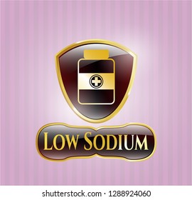  Gold emblem or badge with medicine bottle icon and Low Sodium text inside