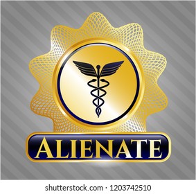  Gold emblem or badge with medicine icon and Alienate text inside