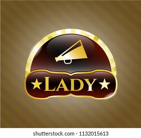  Gold emblem or badge with megaphone icon and Lady text inside