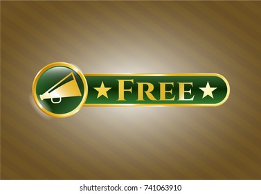  Gold emblem or badge with megaphone icon and Free text inside