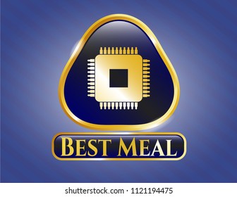  Gold emblem or badge with microchip, microprocessor icon and Best Meal text inside