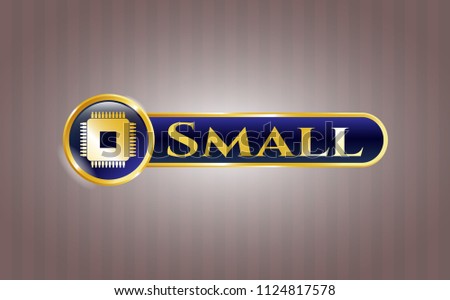  Gold emblem or badge with microchip, microprocessor icon and Small text inside