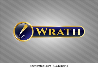  Gold emblem or badge with microphone icon and Wrath text inside