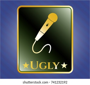  Gold emblem or badge with microphone icon and Ugly text inside