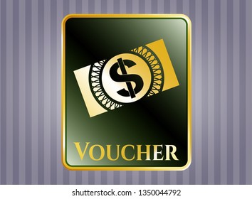  Gold emblem or badge with money, dollar bill icon and Voucher text inside