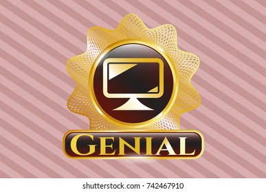  Gold emblem or badge with monitor icon and Genial text inside