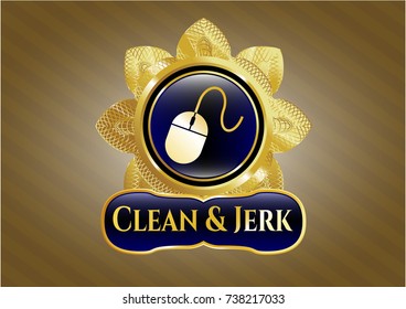  Gold emblem or badge with mouse icon and Clean & Jerk text inside