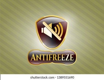  Gold emblem or badge with mute icon and Antifreeze text inside