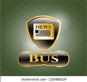 Gold emblem or badge with newspaper icon and Bus text inside