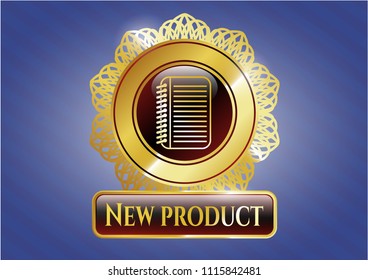  Gold emblem or badge with note book icon and New Product text inside